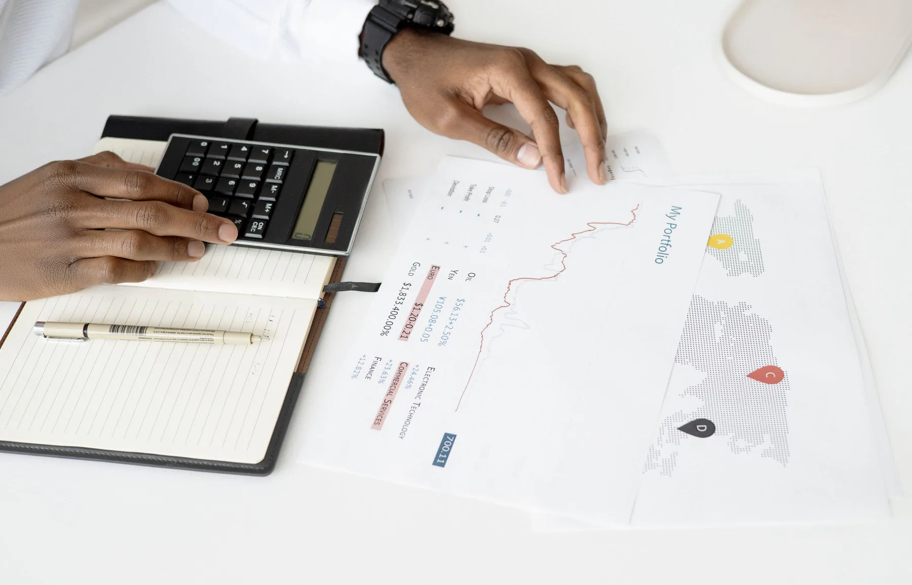 A calculator, tax documents and financial notes on a working desk
